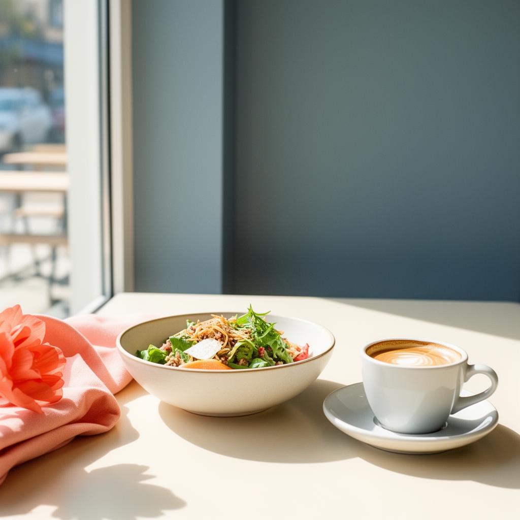 Lunch bowl and espresso in daylight